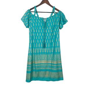 NWT Lapogee Bohemian Dress SZ Large Teal Gold Indian Off Shoulder Boho Tassel